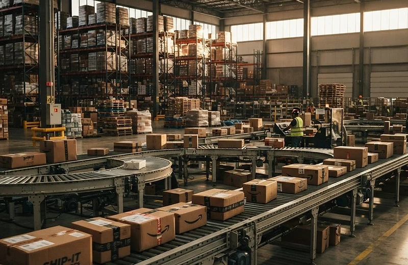 Cardboard boxes on a conveyor belt inside a modern distribution warehouse