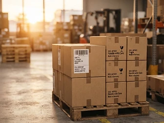 Neatly stacked cardboard shipping boxes in a warehouse