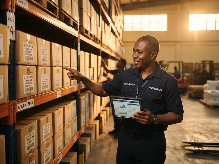 Warehouse manager checking stock on a tablet