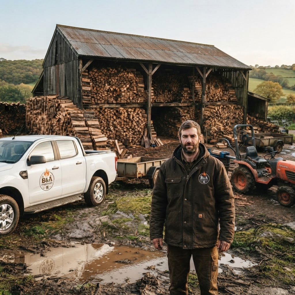 The B&A Firewood yard in Haslington with stacked logs under a barn