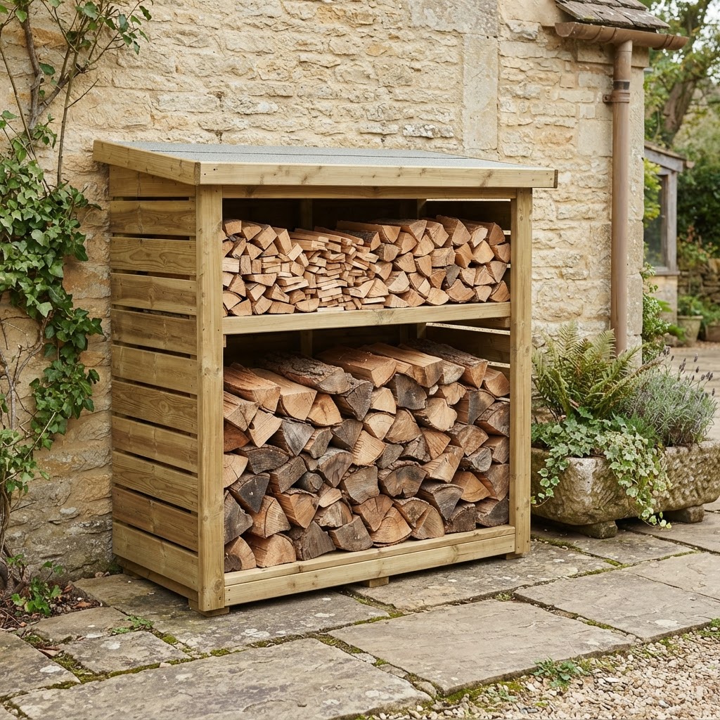 Wooden Log Store – Outdoor Firewood Storage with Slatted Sides & Roof