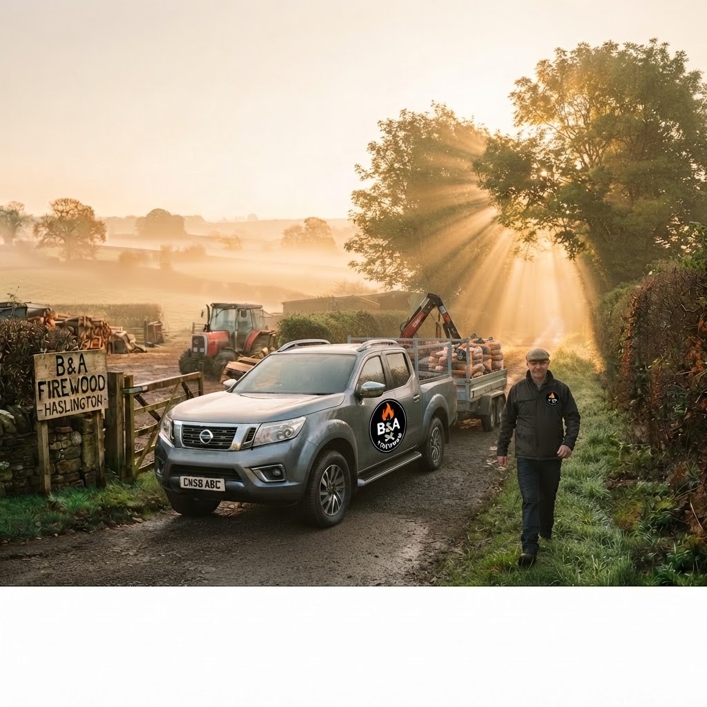 B&A Firewood delivery van on a misty Cheshire summer morning