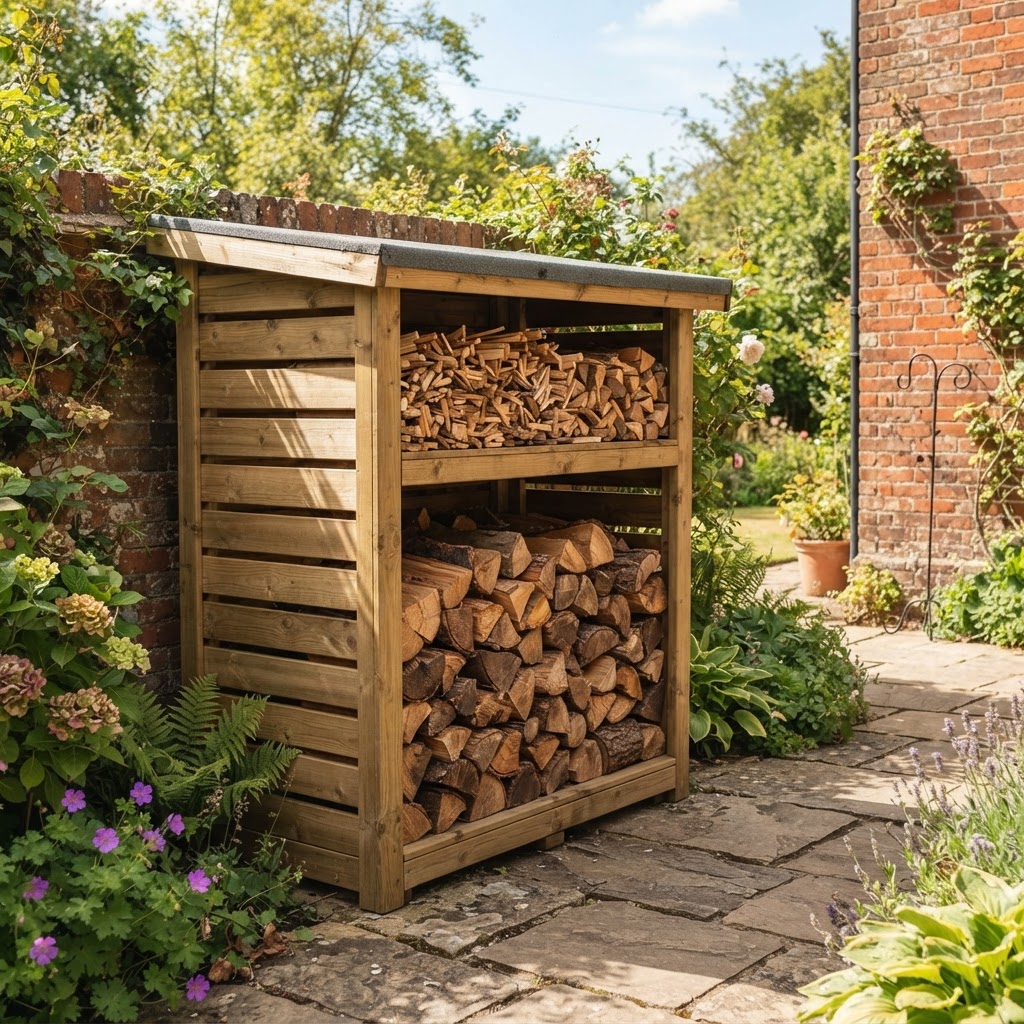 Wooden Log Store – Outdoor Firewood Storage with Slatted Sides & Roof 2