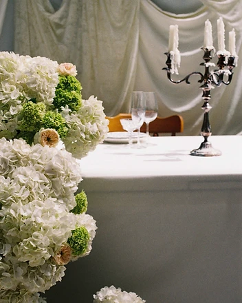 Blurred portrait of guest behind large white hydrangea display