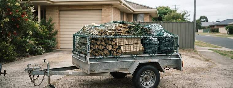 A neatly and securely loaded trailer of household rubbish parked on a residential driveway