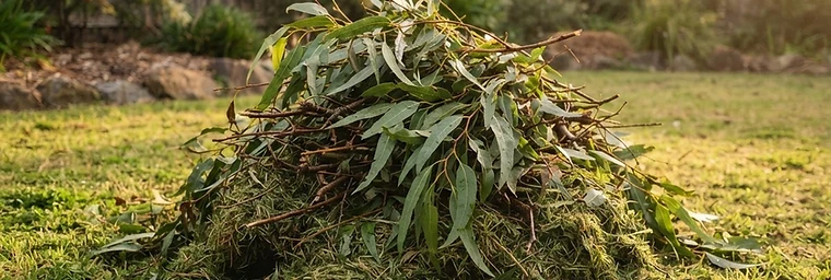 Freshly cut gum tree branches, prunings and grass clippings stacked neatly on a backyard lawn