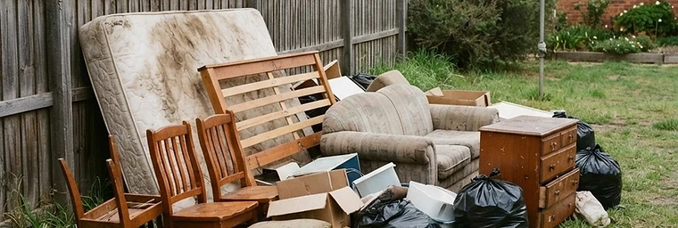 Backyard household rubbish including an old mattress, a dismantled bed frame, a worn couch and broken furniture stacked on the grass