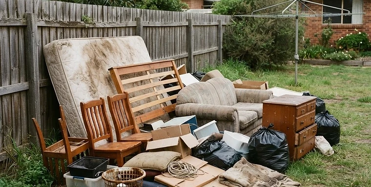 Backyard household rubbish in Wodonga including an old mattress, a dismantled bed frame, a worn couch and broken furniture stacked on the grass