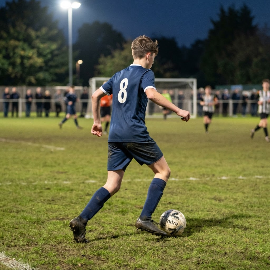 Footballeur amateur en action sur un terrain sous les projecteurs