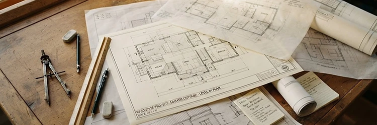 Poste de travail d'un architecte : plans et documents d'urbanisme