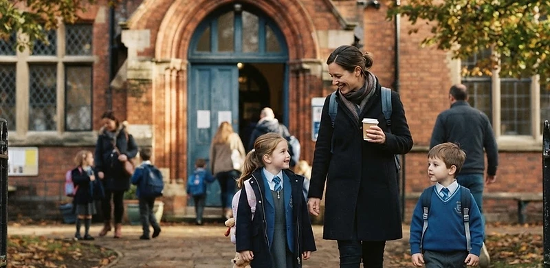 Parents and children arriving at a Trafford school