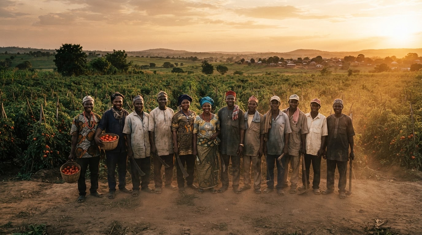 Farmers gathered together at golden hour