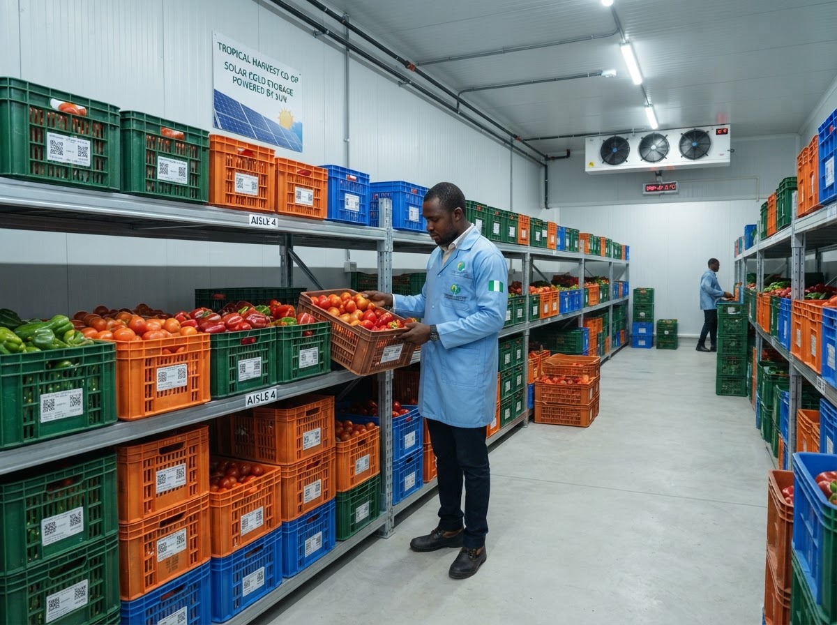 Solar powered cold storage room with crates