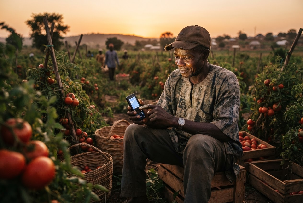 Farmer using a basic feature phone in a field