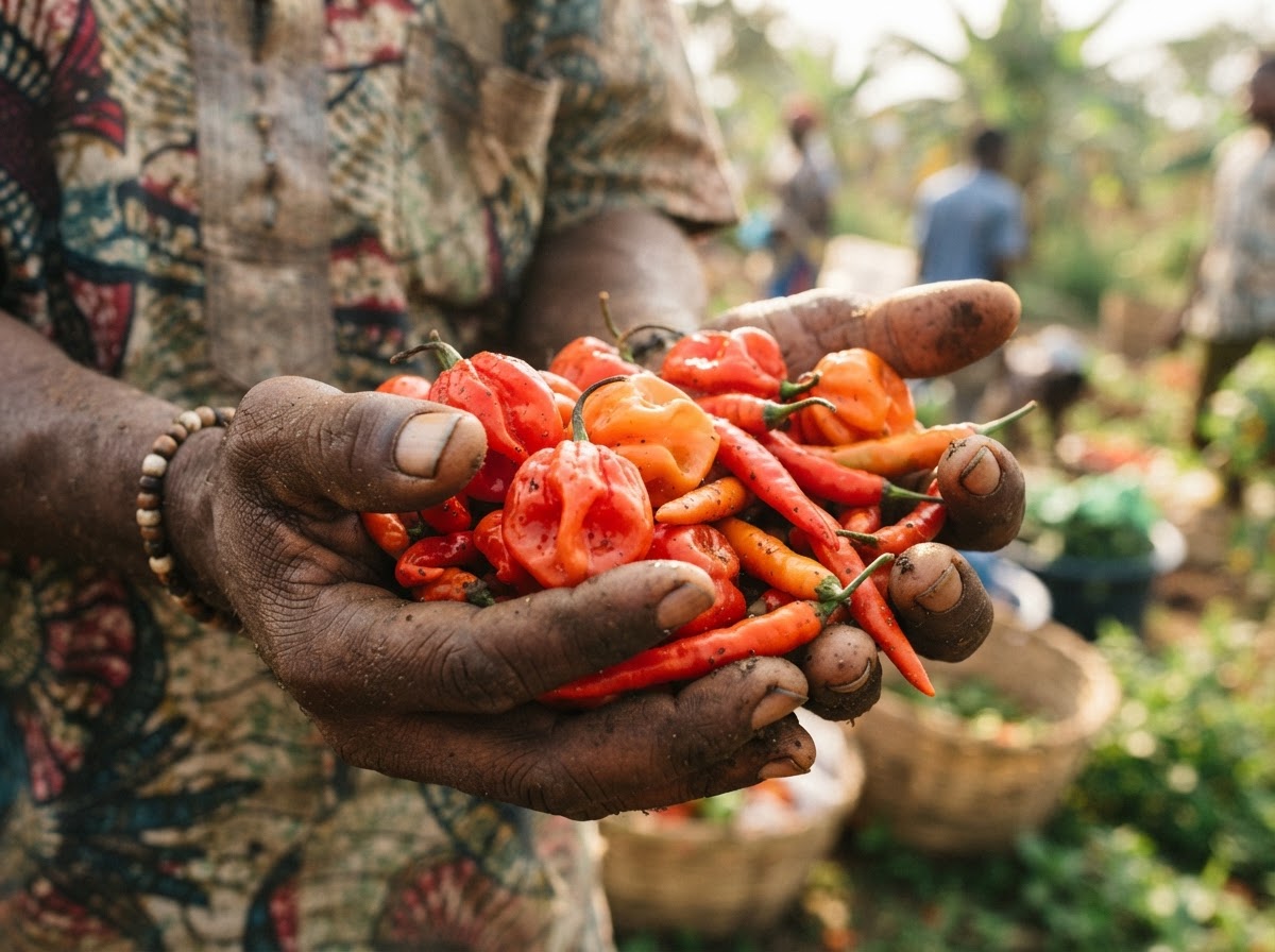 Freshly harvested peppers held by a farmer