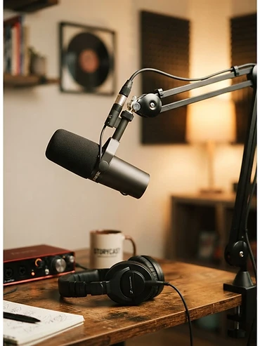 Podcast microphone in a recording setup