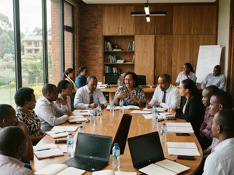 Kenyan education professionals in a collaborative conference-room discussion around an oval wooden table