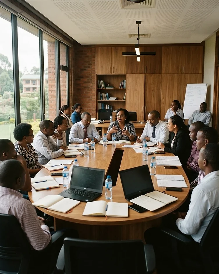 Kenyan education professionals in a collaborative conference-room discussion around an oval wooden table