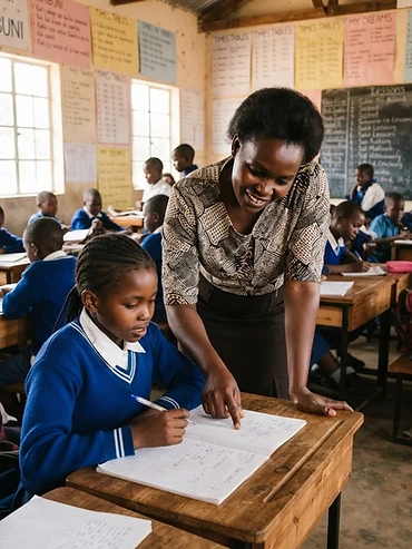 Kenyan classroom with teacher and students