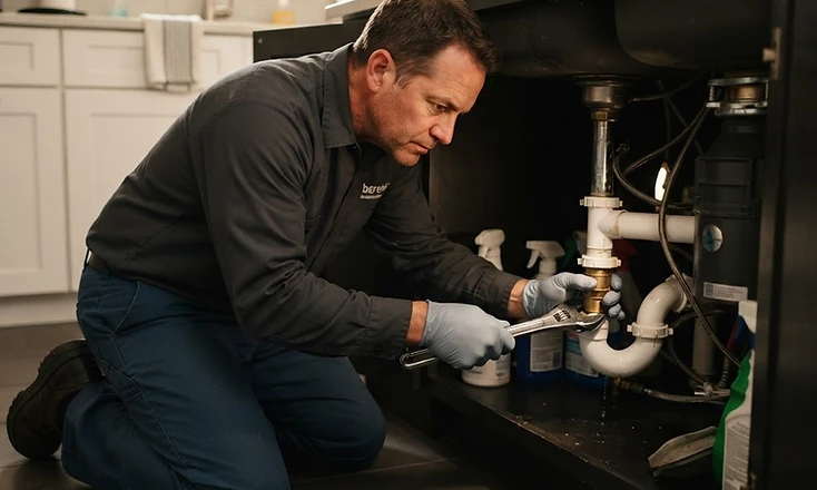 Plumber working under a kitchen sink while an incoming call lights up the phone beside him
