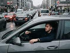 Młody kierowca w samochodzie stojącym w korku