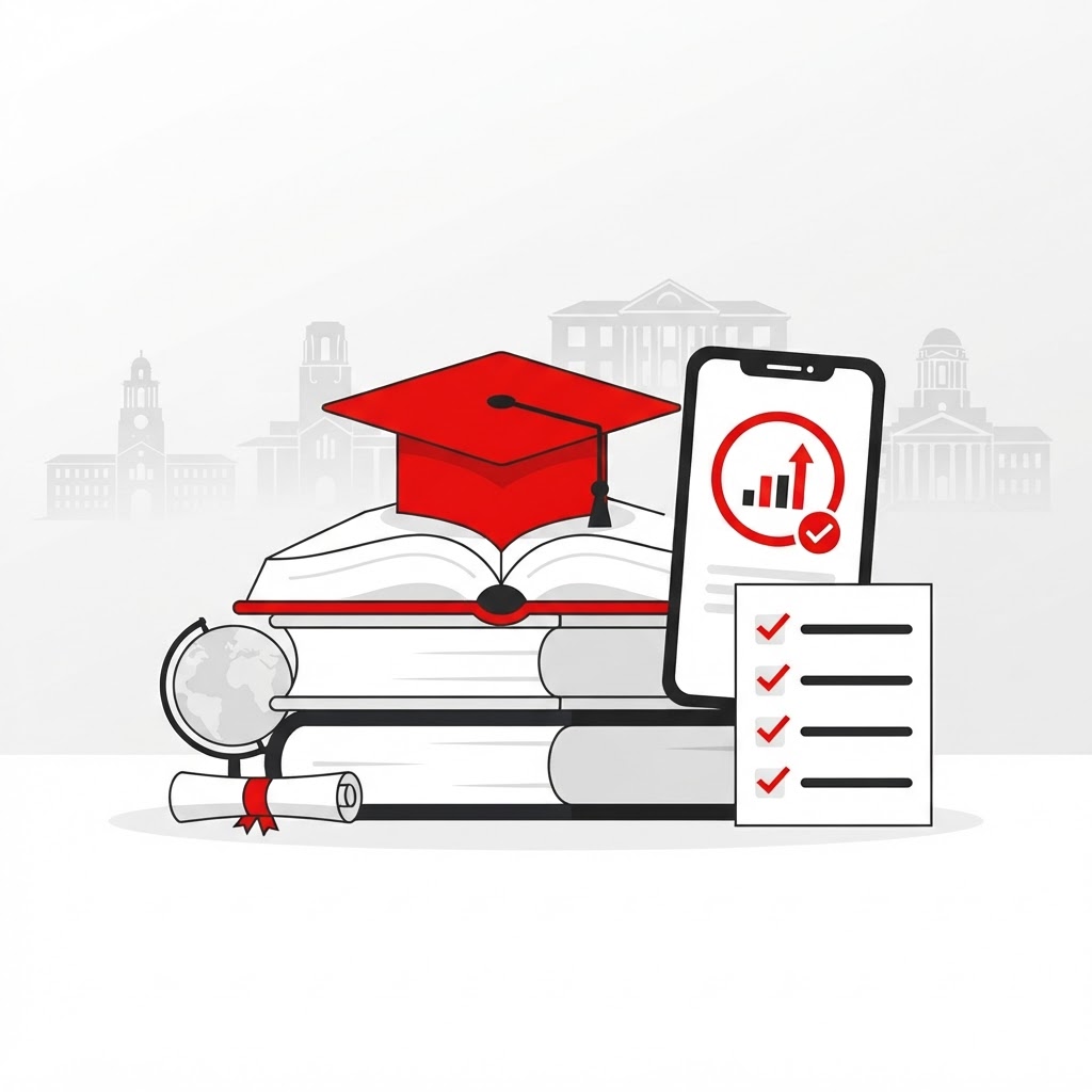 Illustration of university application essentials: graduation cap, books, checklist and APS result