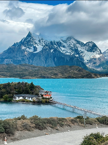 Turquoise lake with snow-capped mountains