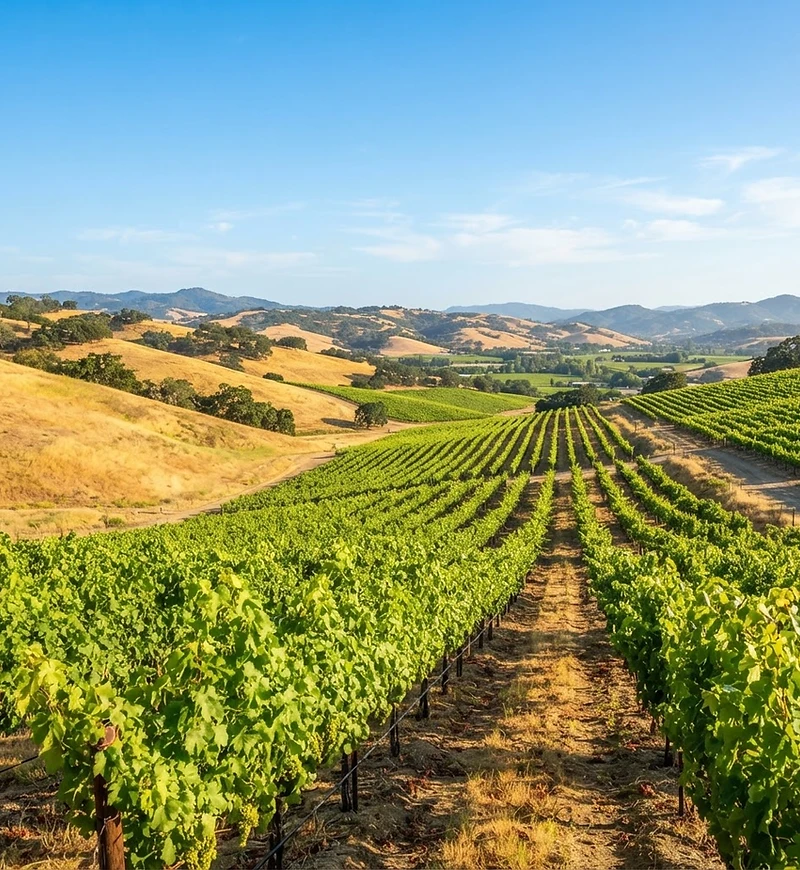 Sunlit rows of green grapevines rolling over the golden hills of a Napa Valley vineyard under a clear blue sky