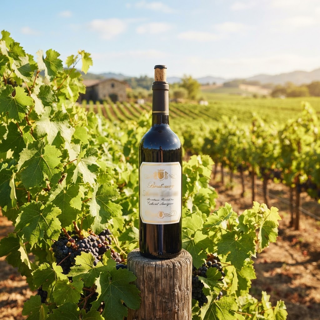 Premium bottle of red wine among the vines