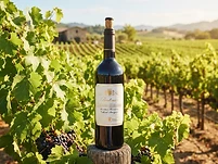 A premium bottle of red wine standing among green vines in a sunny Napa vineyard