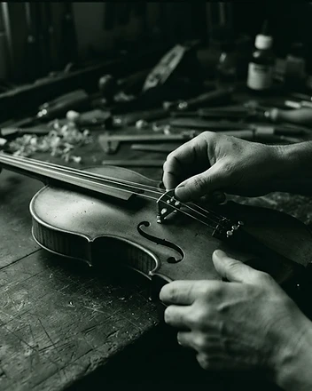 A luthier's hands adjusting the bridge of a violin at their workbench