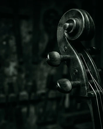 Scroll of a cello backlit in a luthier's workshop