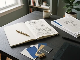 Professional design studio desk with typography sketches, swatches and poster proofs