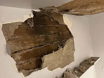Water-damaged entryway ceiling rebuilt and repainted — before