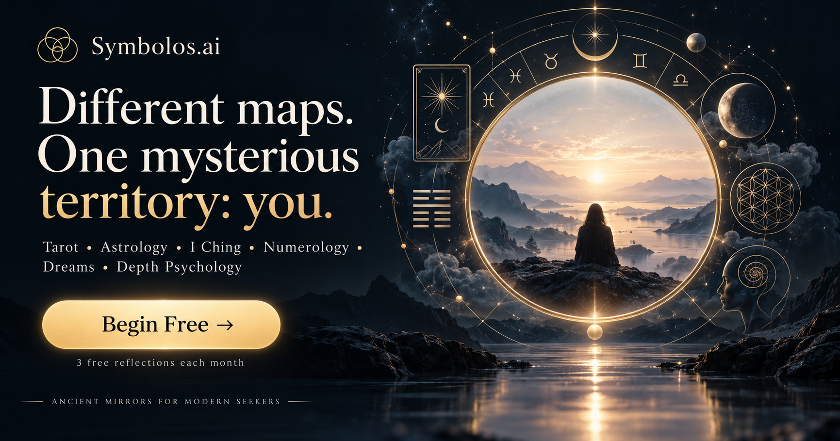 A glowing mystical portal ringed with zodiac symbols, reflecting a seeker gazing over a lake at dawn