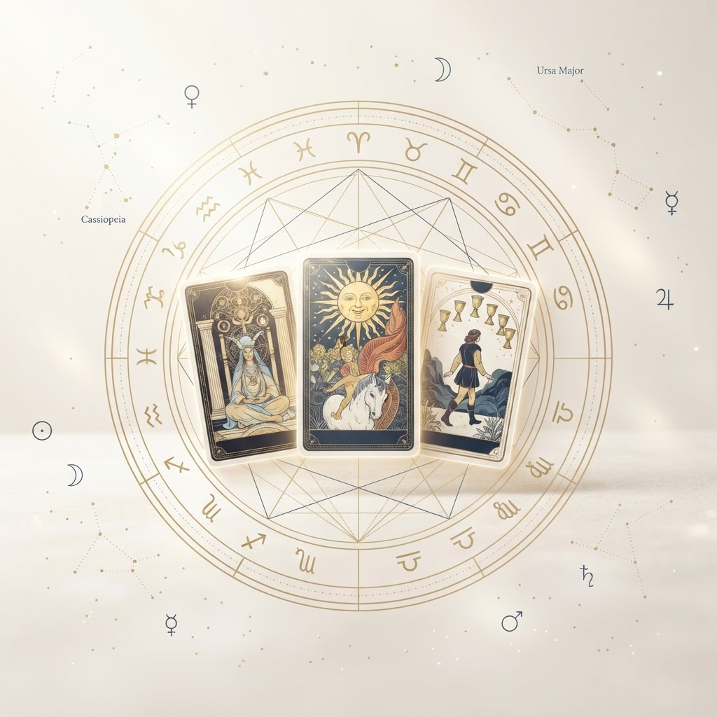 Composite of tarot cards and natal astrology chart