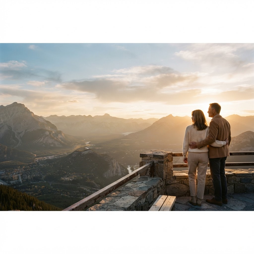 A couple overlooking a mountain range at golden-hour sunset