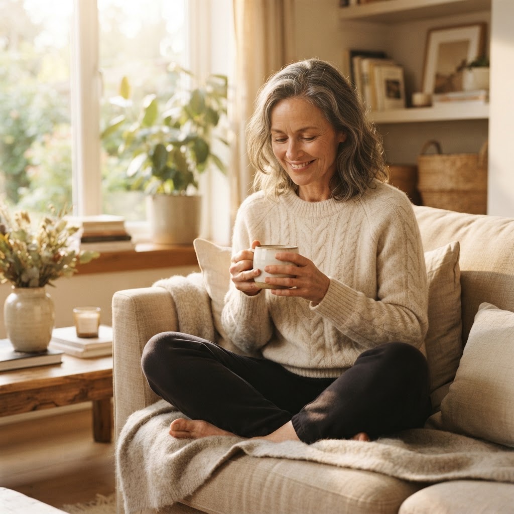 A woman relaxing on a beige couch holding a mug in warm natural light