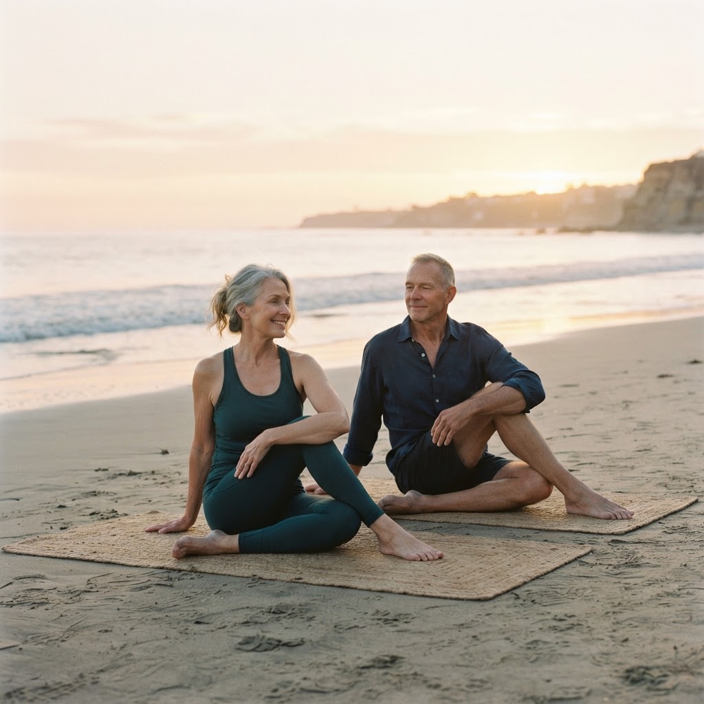 An active couple outdoors at golden hour