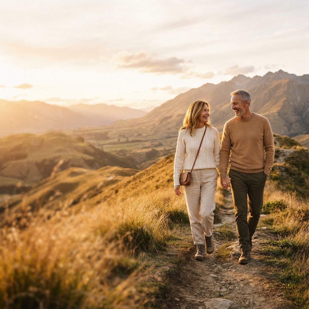 A couple walking together along a scenic trail at golden hour, overlooking rolling hills and mountains