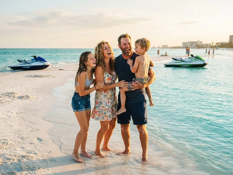 Happy family enjoying their jet ski adventure on a Clearwater sandbar