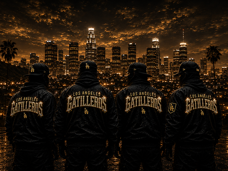 Los Angeles Gatilleros squad overlooking the Los Angeles skyline at night