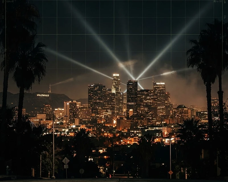 Los Angeles skyline at night with gold searchlights and palm trees