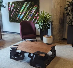 Modern walnut coffee table with designer chair