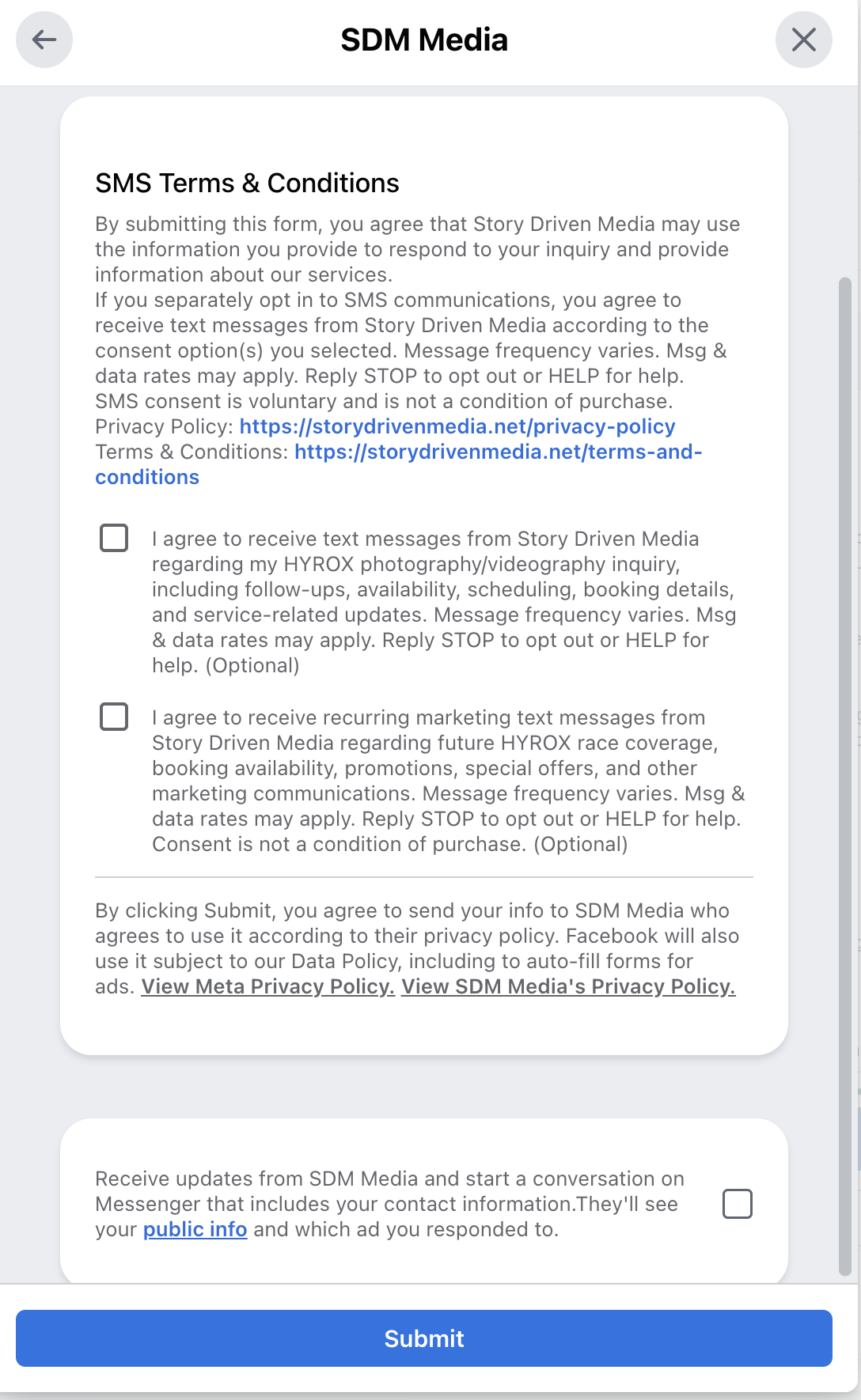 Screenshot of the Story Driven Media (SDM Media) Facebook and Instagram lead form showing the SMS Terms & Conditions, Privacy Policy and Terms & Conditions links, two unchecked SMS consent checkboxes (inquiry and marketing), optional language, message frequency and data rate disclosures, STOP and HELP instructions, and the statement that consent is not a condition of purchase.