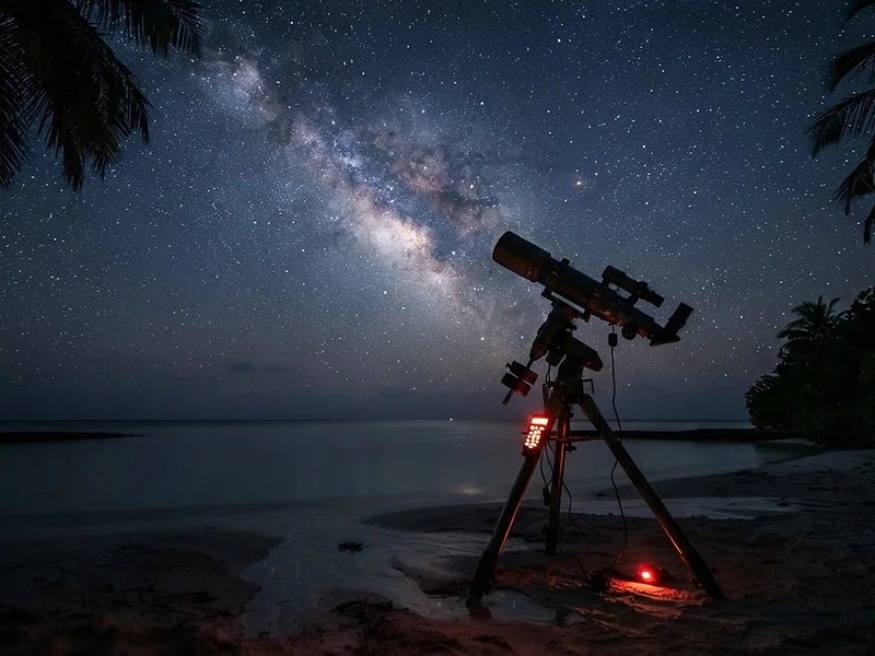 Telescope beneath the Milky Way over a Maldivian lagoon