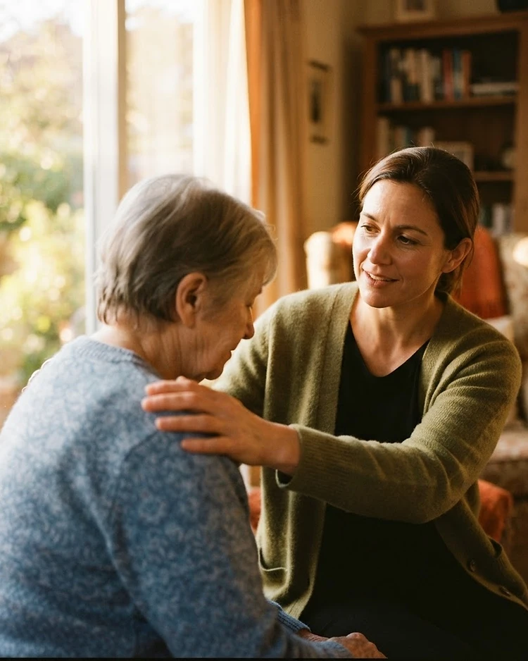A clinician offering attentive, personal care in warm natural light