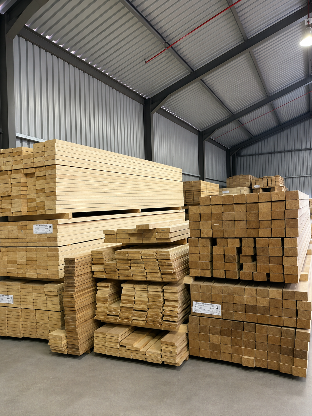 Stacked raw Accoya timber planks in a warehouse
