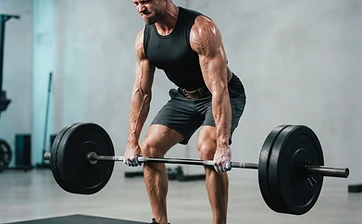 Athletic man performing a heavy barbell lift in a modern gym