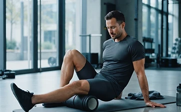 Athletic man stretching with a foam roller after training in a gym